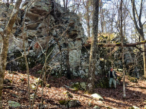 Traildog Robert at a large rock outcropping along the proposed Section 8 of the LOViT.