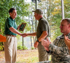 Joe David Rice presents the Arkansas State Trails Council's award for Trails Advocate of the Year to "Alpha" Traildog Jerry Shields.