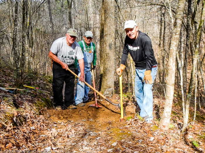 Robert, Ron, and Al working on a new Section 1 Water Bar.<br />(34°33'13" N 93°28'6" W)